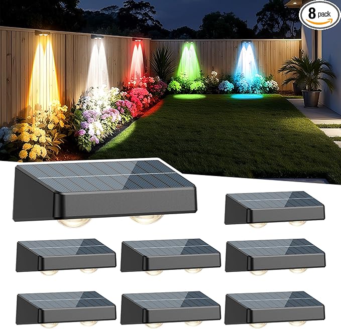 Fence Lights Solar Powered, Led Solar Fence Lights Outdoor IP65 Waterproof, Warm/Cool White and RGB Colors Changing Solar Wall Lights for Garage Backyard Railing Step Patio Pool - 8Pack