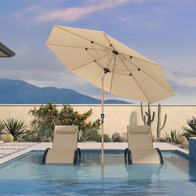 PURPLE LEAF 9 Feet Patio Umbrella with Base Market Umbrella Round Outdoor Umbrella with Push Button Tilt & Crank and 8 Ribs Aluminum Outdoor Table Umbrella for Garden Deck Balcony, Beige