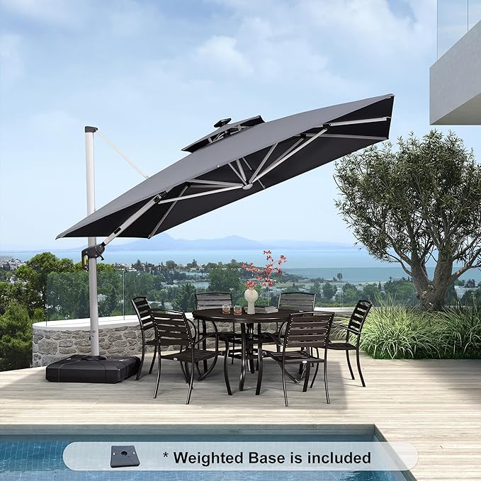 PURPLE LEAF 11 Feet Solar Powered LED Square Cantilever Umbrella With Base Patio Umbrella Windproof Outdoor Offset, Grey