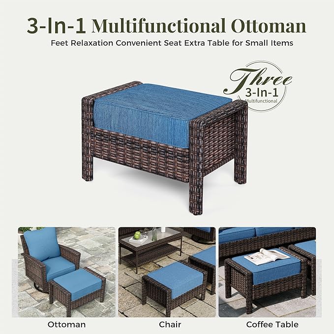 5-Piece Wicker Patio Furniture Set with Swivel Chairs, High Back Outdoor Furniture with 5.5-inch Thick Cushion and Ottoman, All-Weather Wicker Patio Conversation Set for Deck Lawn, Navy Blue