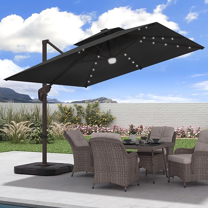 JZAC & QZYD 9x9 FT Outdoor Cantilever Patio Umbrella with Base Included and Solar LED Lights, Large Heavy Duty 2-Tier Square Aluminum Offset Umbrellas with 360-Degree Rotation for Pool Deck, Black