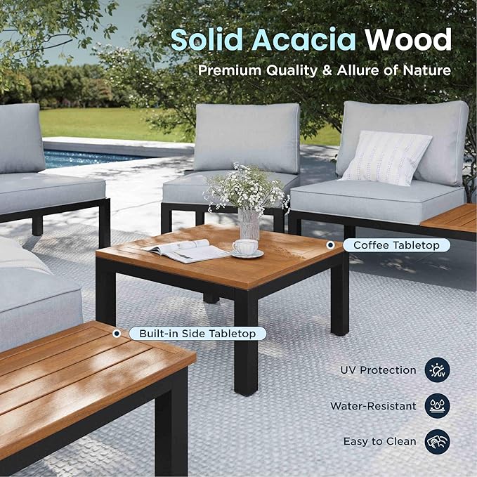 PHI VILLA 7 Pieces Outdoor Patio Furniture Set,Metal Frame Modern Outdoor Sectional Sofa Set,8 Seats Patio Conversation Sets with Coffee Table&Thickened Cushion,for Poolside and Backyard,Light Grey
