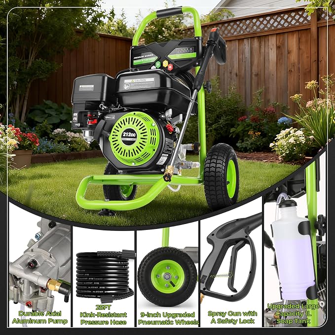 Professional 4200PSI 4GPM 212CC Gas Pressure Washer, 7.0HP Heavy-Duty 3600RPM Commercial Gas Power Washer with 1000ML Foam Bottle 9" Wheels 5 Nozzles 25FT Hose (EPA/CARB/ETL Compliant), Green