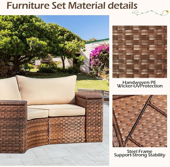 ECOTOUGE Patio Furniture Set, 4 Piece Half-Moon Sectional Round Patio Furniture Set, Wicker Cushion Sofa with 2 Storage Side Table for Pool Backyard Patio Garden(Beige/Brown)