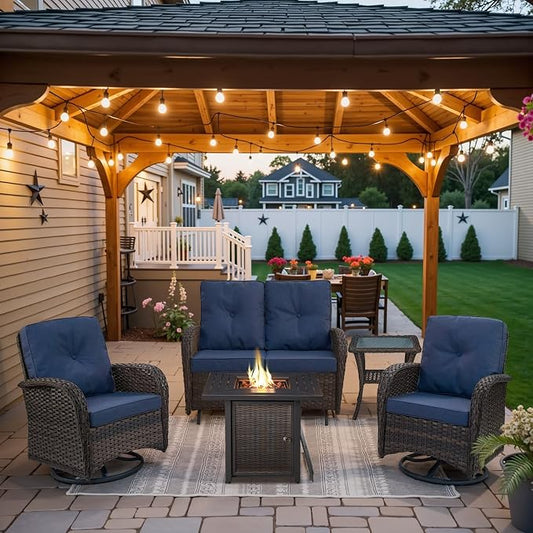 Belord 5 Pieces Patio Furniture Set with 30” Propane Fire Pit Table, Deep Seating Swivel Rocker Glider Outdoor Chairs Set of 4 with Side Table Set of 2 Patio Conversation Set Brown Wicker