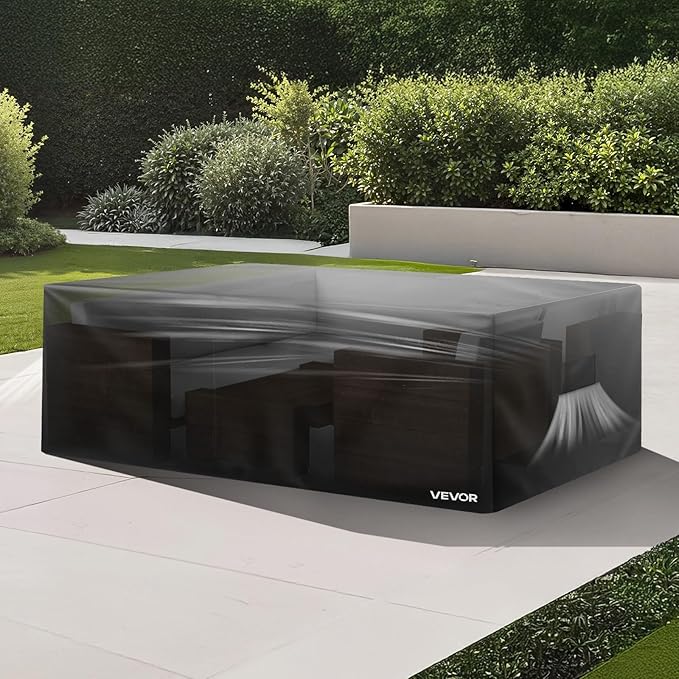 VEVOR Patio Furniture Cover, 420D Heavy Duty Waterproof Outdoor Dining Table and Chairs Cover, Large Squre Patio Table Covers with Air Vent for All Weather, 126L x 126W x 32H inch, Black
