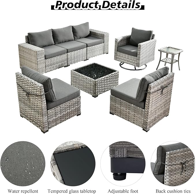 HOOOWOOO Outdoor Patio Sectional Furniture Sofa Set with Swivel Rocking Chair,8 Piece Modern Wicker Couch with Widened Armrest,Modular Conversation Seating Set for Out Door Garden(Black)