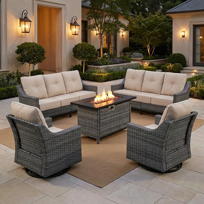 5-Piece Outdoor Patio Furniture Set, Grey Wicker Conversation Set with 2 Sofas, 2 Swivel Chairs and Rectangular 60,000 BTU Fire Pit Table, Beige Cushions