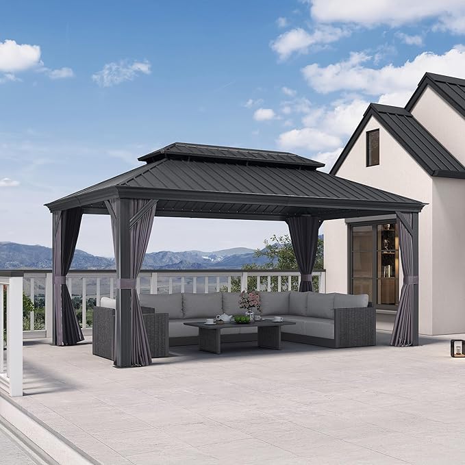 PURPLE LEAF 10' X 16' Hardtop Gazebo Aluminum Frame Gazebo with Galvanized Steel Double Roof for Patio Lawn and Garden Curtains and Netting Included Grey