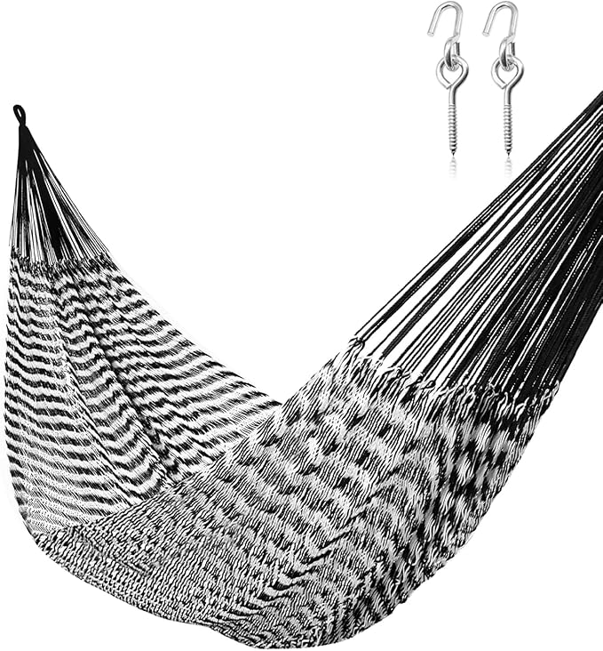 Handwoven Mayan Hammock with Eye Bolts Screw - Breathable Open Weave for 1-2 Adults, Portable with Carry Bag by Bathonly (Backyard, Camping, Beach) - Black/White