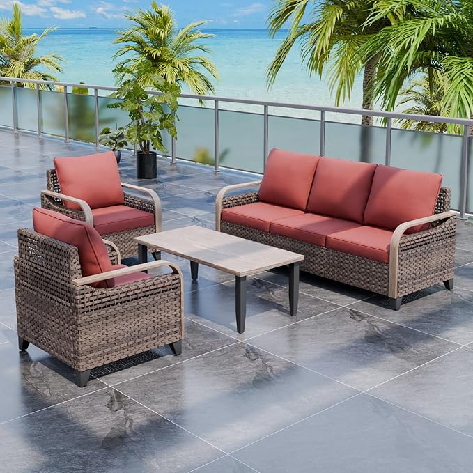 EAGLE PEAK Modern Wicker Outdoor Patio Furniture Set, Patio Conversation Set, 2 Chairs, 3-Seat Loveseat and Coffee Table, 4 Pieces, Brown/Red