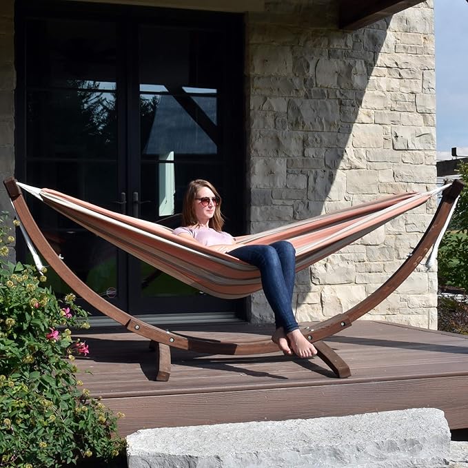 Vivere Double Cotton Hammock with Solid Pine Arc Stand - 450 lb Capacity, Durable FSC Wood Frame, Includes Hardware & User Guide - 450 lb Weight Capacity (Cameo)