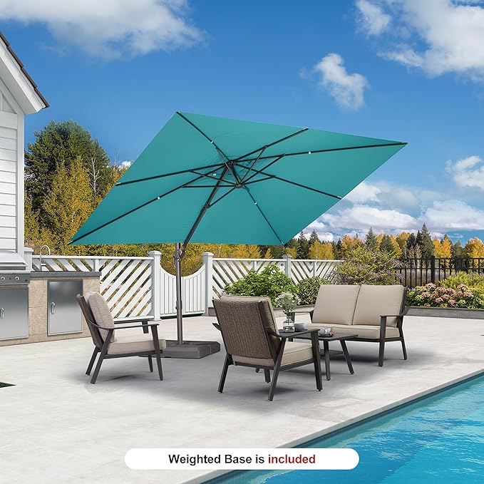 PURPLE LEAF 9' X 11.5' Rectangle Cantilever Umbrella with Base Patio Umbrella Outdoor Aluminum Antique Bronze Offset Hanging Umbrella with 360-degree Rotation for Pool Garden Backyard Deck, Turquoise