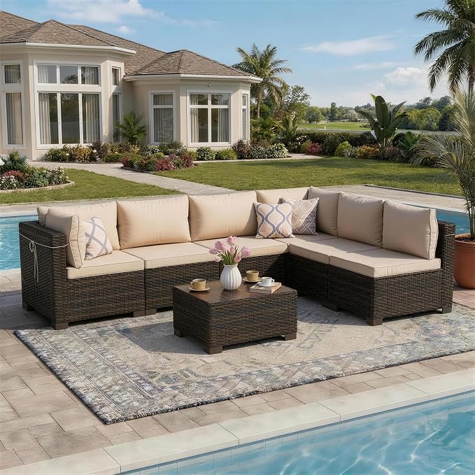 LAFWLL 7 Pieces Outdoor Patio Furniture Sets,Rattan Conversation Sectional Set,Manual Weaving Wicker Patio Sofa with Tea Table