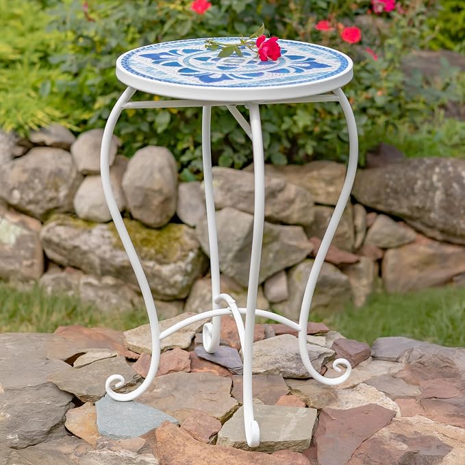 Zaer Ltd. Mosaic Tile Furniture with White Metal Frame and Patterned Tile Tops (Cape May - White/Blue, Pedestal Plant Stand)