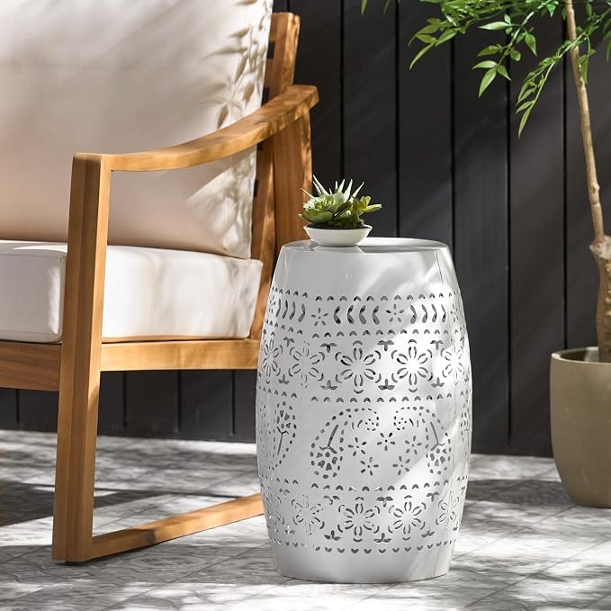 12" Outdoor Side Table, Metal Cutout Drum Side Table, Patio Garden Stool | Coffee End Tables for Small Spaces, Living Room, Backyard, Poolside