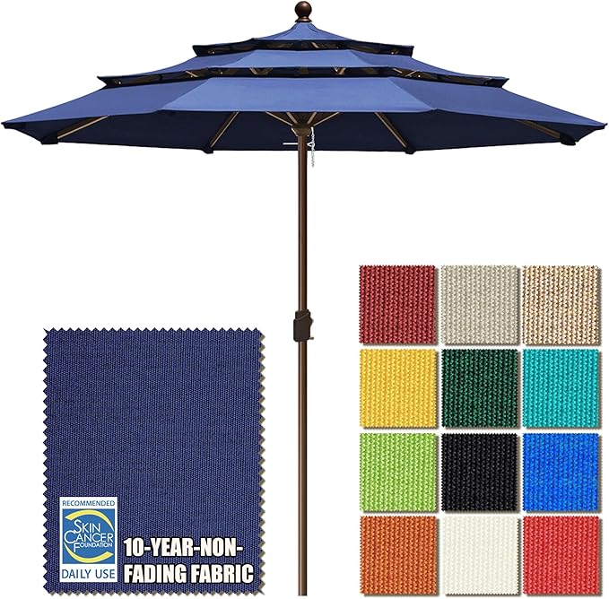 EliteShade USA 10-Year-Non-Fading 11ft 3-Tier Market Patio Umbrella, Commercial Grade Outdoor Table Umbrella with Crank Open, Windproof & UPF 50+ UV Protection, Heavy Duty Ventilation for Garden, Deck, Pool, Backyard, Beach & Bistro, No Tilt, Navy Blue