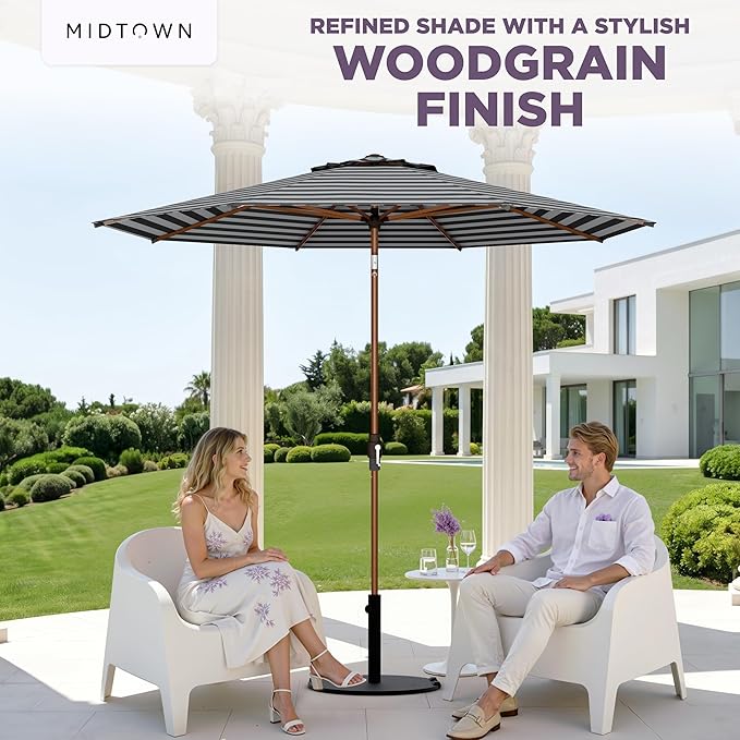 Midtown Umbrellas Wooden 2-8 Ft Patio Umbrella with 360° Swivel & Tilt Mechanism, 8 Fiberglass Ribs & Sunbrella Fabric - Outdoor Umbrella for Deck, Pool & Garden - Burgundy Canopy, Wooden Pole