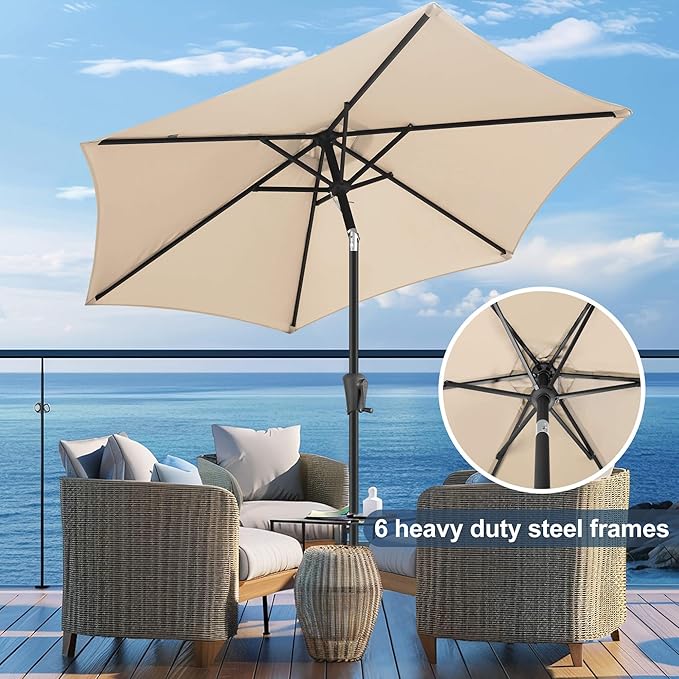FLAME&SHADE 9ft Patio Umbrella Outdoor - Table Umbrella with Push Button Tilt and Crank, UV Protection, 6 Sturdy Ribs, Market Umbrella for Garden, Deck, Backyard, Lawn, Pool and Beach(Beige)