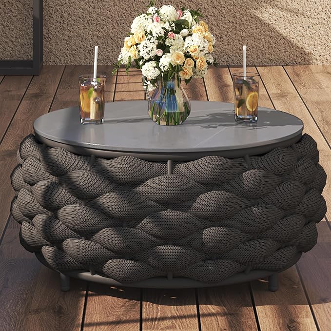 TWT Outdoor Coffee Table Round Centerpiece Table, Lightweight Accent Table with Hand Woven Rope Decor for Garden and Patio(Polyester Rope, Dark Grey)