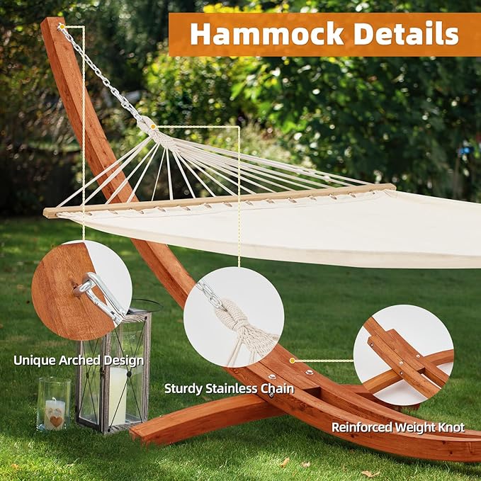 ECOTOUGE 13 FT Hammock with Stand for Outside, 2 Person Heavy Duty Wooden Hammock Stand, Large Hammock Bed for Porch, Patio, Balcony, Garden, Backyard, White-Yellow