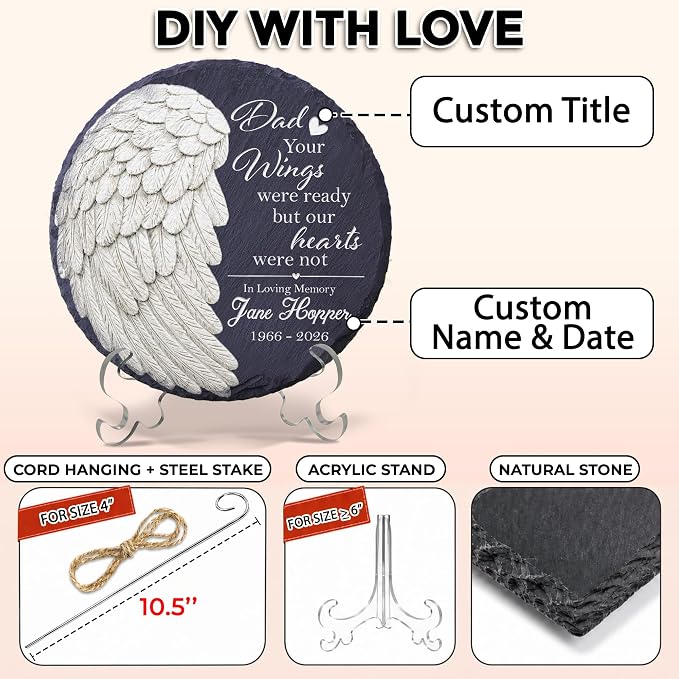 Custom Memorial Garden Stone for Loss of Loved One, Angel Wing Garden Stones in Memory of Dad Mom, Sympathy Gift Fathers Day, Weatherproof Outdoor Memorial Plaque Stones, Remembrance Natural Stone