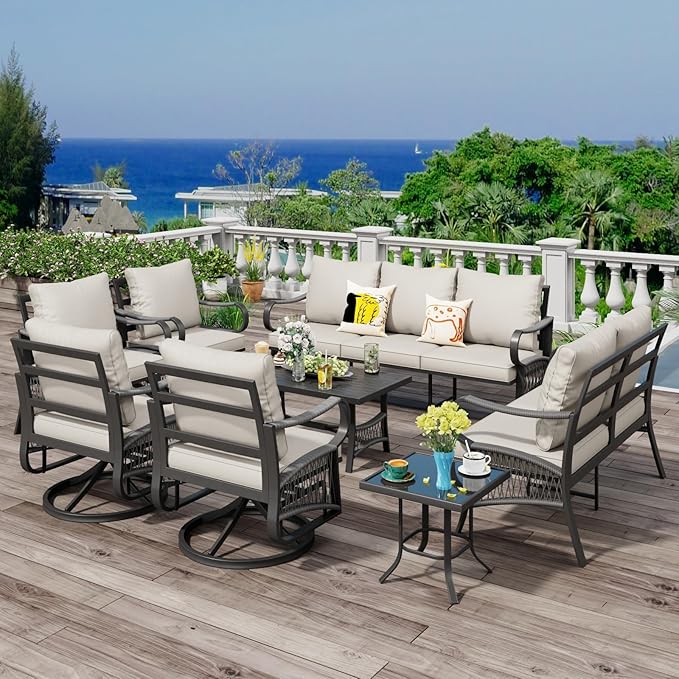 8 Piece Patio Furniture Set, 9 Seat Metal Outdoor Sectional Sofa Set with 2 Swivel Chairs, Patio Conversation Set with Thick Cushions and Coffee Table for Garden, Porch, Lawn, Beige