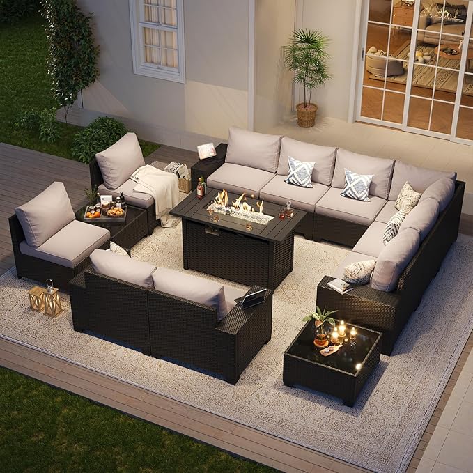 Aoxun Patio Furniture Sets with 44'' Fire Pit, 13 Pcs Outdoor Patio Coversation Set with 4in Thicken Cushion, Widen Armrests Wicker Outdoor Sectional for Backyard (Waterproof Cover Include)