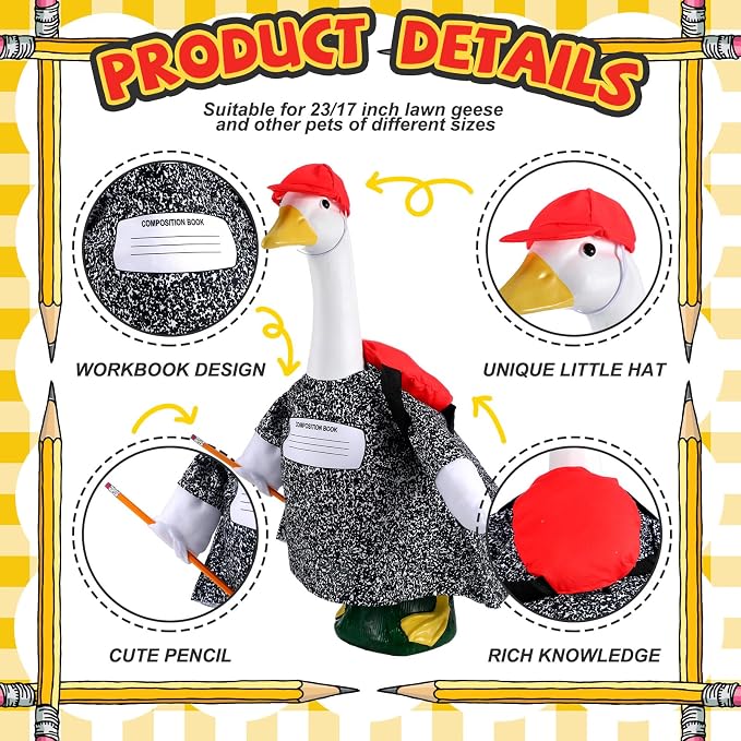 Back to School Porch Goose Outfit First Day of School Composition Notebook Goose Clothes Dress with Red Hat Backpack Pencil Geese Costume for 17-23 Inch Geese Statue Lawn Outdoor Patio Decor