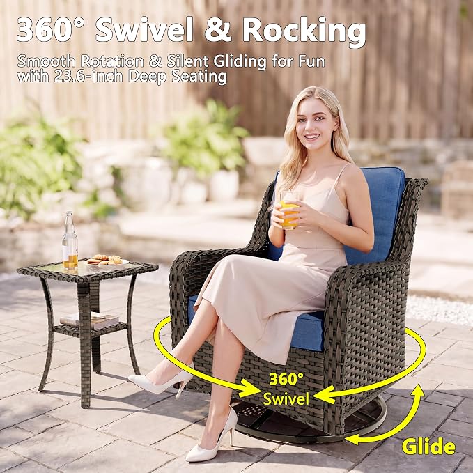 Gotland 7-Pcs Patio Conversation Set, Outdoor Thick Wicker Sectional Sofas with 2 Swivel Rocker Chairs, High Back Sectional Couch, Outdoor Furniture Set for Backyard, Deck, Porch, Navy Blue