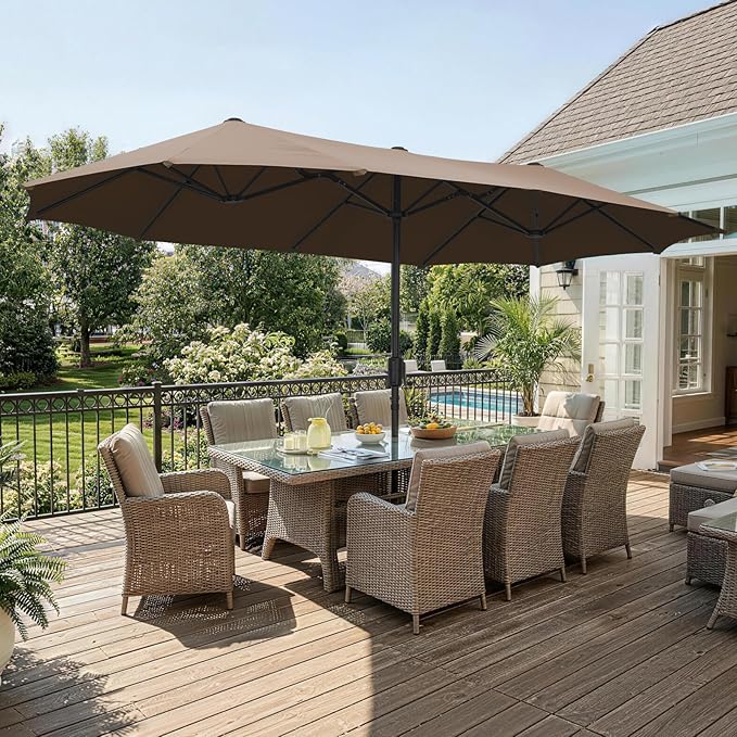 13 ft Patio Umbrella, Large Rectangle Outdoor Umbrella with Strap, Crank, Coffee