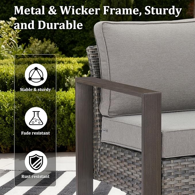 3 Pieces Patio Sofa Set with Metal Arm, High Back Wicker Sectional Outdoor Sofa with Ottomans, Outdoor Seating Furniture High Back Conversation Set for Balcony Deck Porch Backyard, Grey/Grey