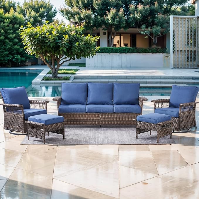 Patio Furniture Set 2 Wicker Swivel Glider Chairs 2 PE Rattan Ottomans with Patio PE Rattan Sofa Brown Wicker Blue Cushions Patio Conversation Set 5pcs for Garden Balcony Backyard