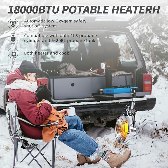 Multi-Purpose Portable Heater, 18,000 BTU Outdoor Heater with 8.8 ft Hose and USB Rechargeable Lighter for Patio, Camping, Hunting, and Fishing