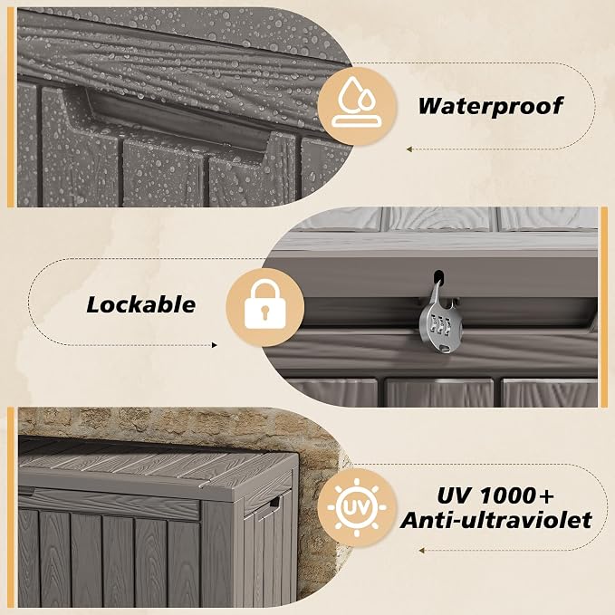 Fancyango 110 Gallon Outdoor Deck Box Waterproof, Large Storage Box for Patio, Resin Storage Bench Lockable for Garden Tools, Package Delivery, Grey