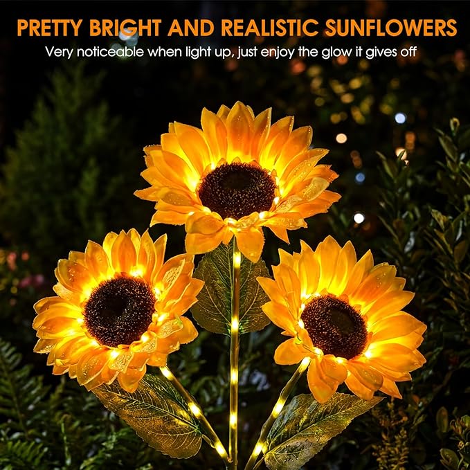 Solar Sunflowers Outdoor Waterproof, 3 Pack Solar Flowers Stake Lights with 9 Big Realistic LED Sunflower for Yard, Garden, Cemetery Grave, Lawn, Flower Pot, Fall Outside Decorations (Sunflowers)