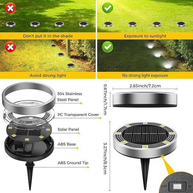 10 Pack Solar Ground Lights Outdoor, 8 LED Mini Flat Solar Disk Lights, IP65 Waterproof Anti-Rust Disc Light, Landscape Lighting for Garden Pathway Yard Walkway Driveway Lawn,Cool White