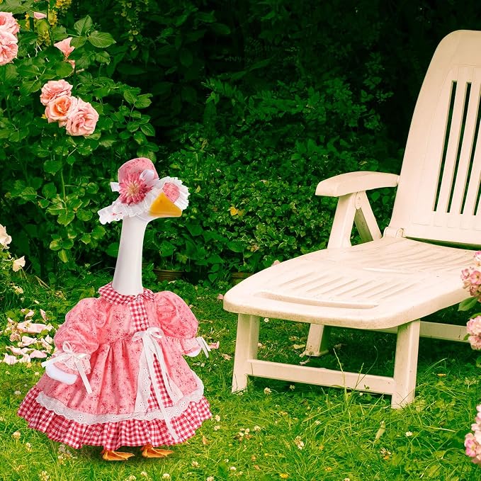Spring Flower Goose Outfit Daisy Rose Floral Dress for 23'' Cement Plastic Goose Statue for Valentines Day Summer Outdoor Garden Yard Patio Lawn Decor(Pink Rose)