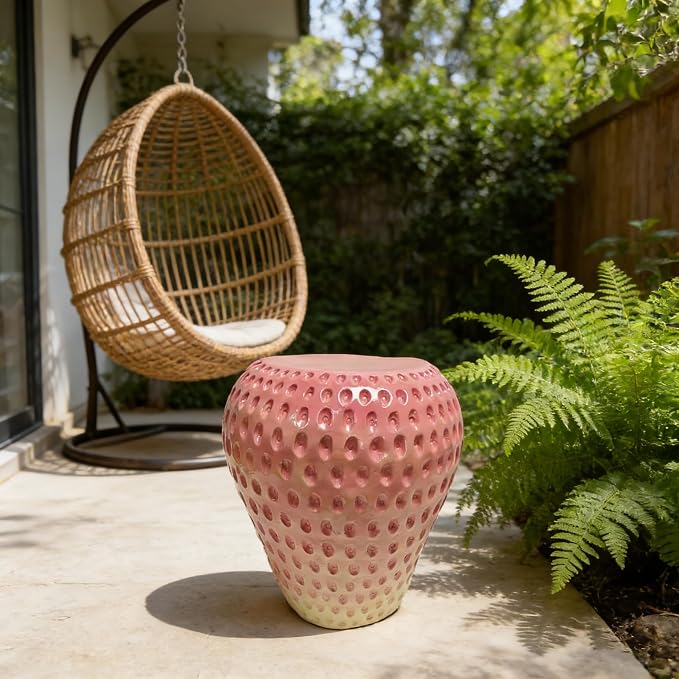 Realistic Fruit Stool, Small Resin Footrest Side Table, Indoor/Outdoor Decorative Plant Seat for Garden, Patio, Playroom, Kids' Room, Weather-Resistant (Pink Strawberry)