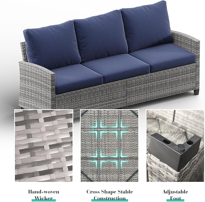 5 Piece Patio Furniture Set, All Weather Outdoor Sectional Set, Wicker Outside Furniture Patio Sofa Set for Backyards, Porch, Poolside, Garden, Balcony (Gray & Blue)