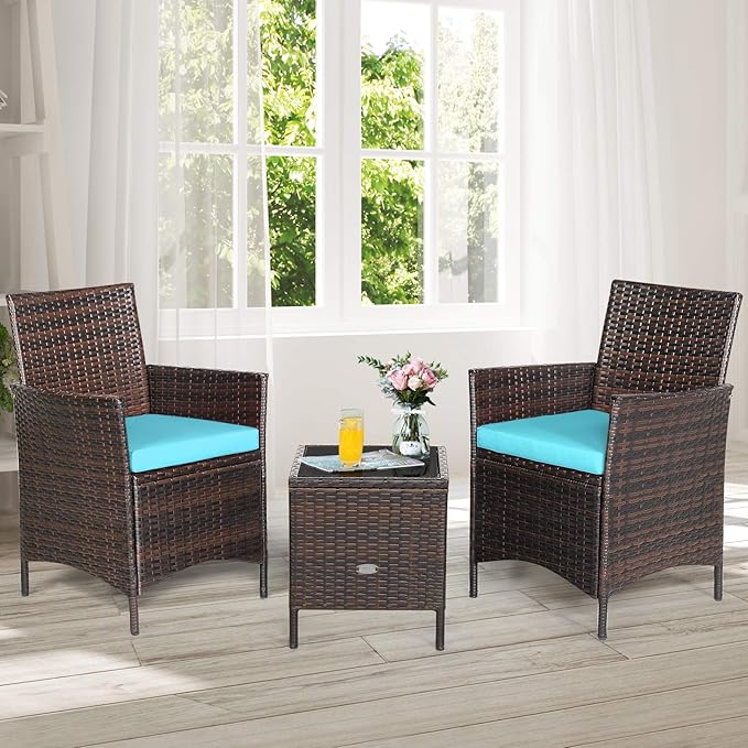 3 Pieces Patio Furniture Set, Wicker Outdoor Furniture with Water-Resistant Cushion & Tempered Glass Top Table, Conversation Set Bistro Set for Porch, Balcony, Backyard (Turquoise)