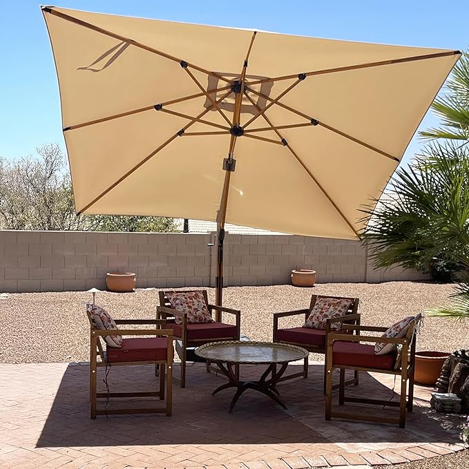 PURPLE LEAF 10FT Patio Umbrella Square Cantilever Umbrella Teak Finished Aluminum Frame Large Windproof Offset Outdoor Sun Umbrellas for Beach Pool Deck, Beige