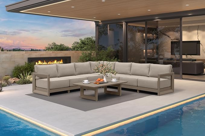 PURPLE LEAF Patio Furniture Set L-Shaped Outdoor Couch with 9.6" Thick Cushion and Soft Pillows 8 Piece Outdoor Sectional Sofas with Table Modern Outdoor Conversation Sets for Yard Porch Deck, Khaki