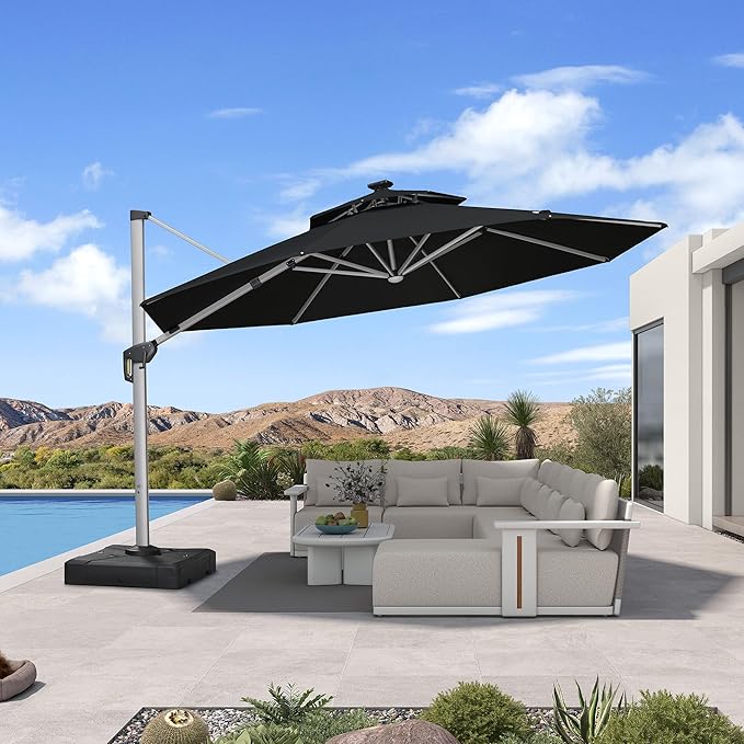 PURPLE LEAF Cantilever Umbrella with Base 13ft Outdoor Round Patio Solar Powered LED Umbrella with 360-degree Rotation for Garden Deck Pool Patio, Black