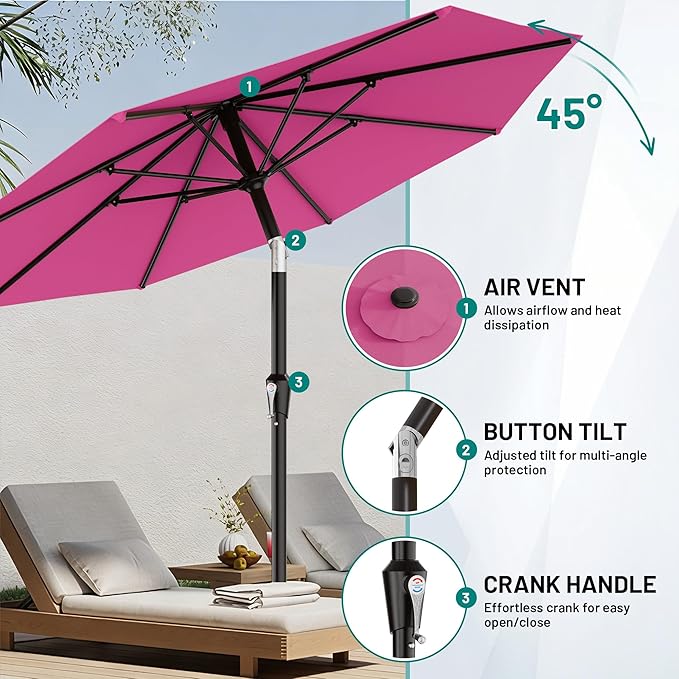 AreShark 10 FT Outdoor Patio Umbrella, Patio Table Umbrella with Push Button Tilt and Crank, Outdoor Patio Umbrellas with 8 Fiberglass Ribs, Patio Umbrellas for Market, Garden, Pool (Rose Pink)