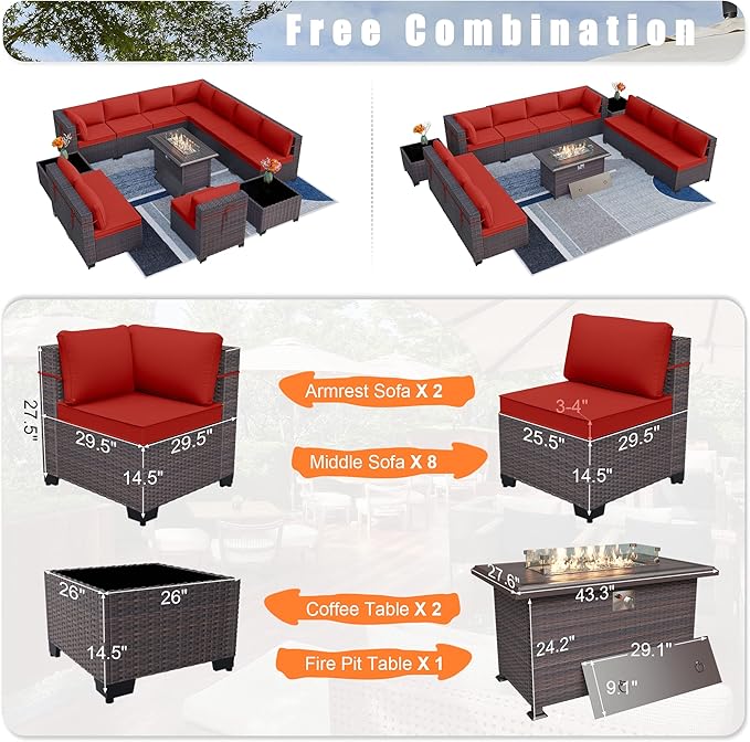 Patio Furniture Set with Fire Pit Table 13-Pieces Outdoor Sectional Furniture Outdoor Rattan Patio Conversation Sets with 43in Propane Gas Fire Pit Table and Glass Table, Red