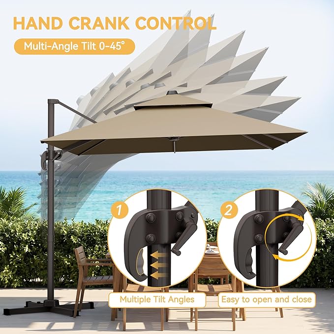 10x13 FT Patio Cantilever Umbrella (Base Not Included) (Base Not Included), Rectangular Heavy Duty Offset Umbrella for 8-10 People, 360°Rotation & Mult Tilt, Double Top Design, for Pool Garden Deck (Tan)