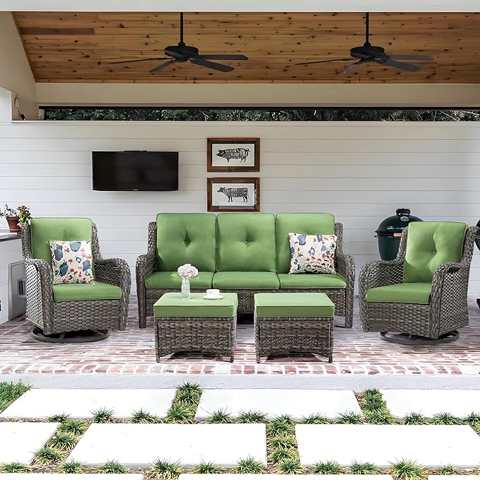 Wicker Patio Furniture Set 6 Piece Set with 1 Three-Seat Sofa, 2 Swivel Rocker Chairs, 2 Ottomans and 1 Side Table, Outdoor Furniture Patio Conversation Sets(Mixed Grey/Green)