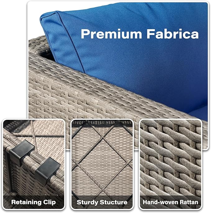 14-Piece Gray Rattan Patio Furniture Sets, Outdoor Conversation Sofa Sets with Water Resistant Blue Cushions & Tempered Glass Coffee Table, Modular Outdoor Sectional Sofa Sets with 2 Pillows