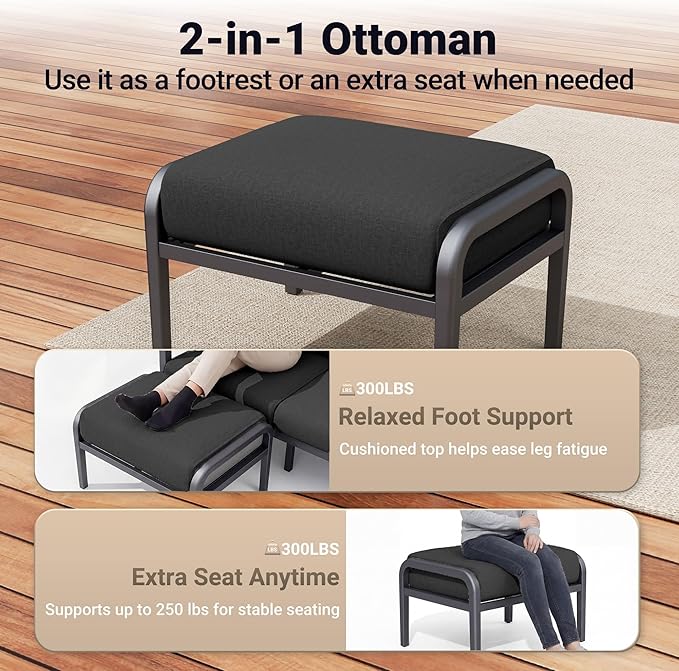 Aluminum Patio Chairs with Ottomans, 4-Piece Outdoor Patio Furniture Set, Modern Lounge Armchairs with Footrests, Wood-Like Armrests & 5.1" Thick Cushions for Porch, Poolside, Black
